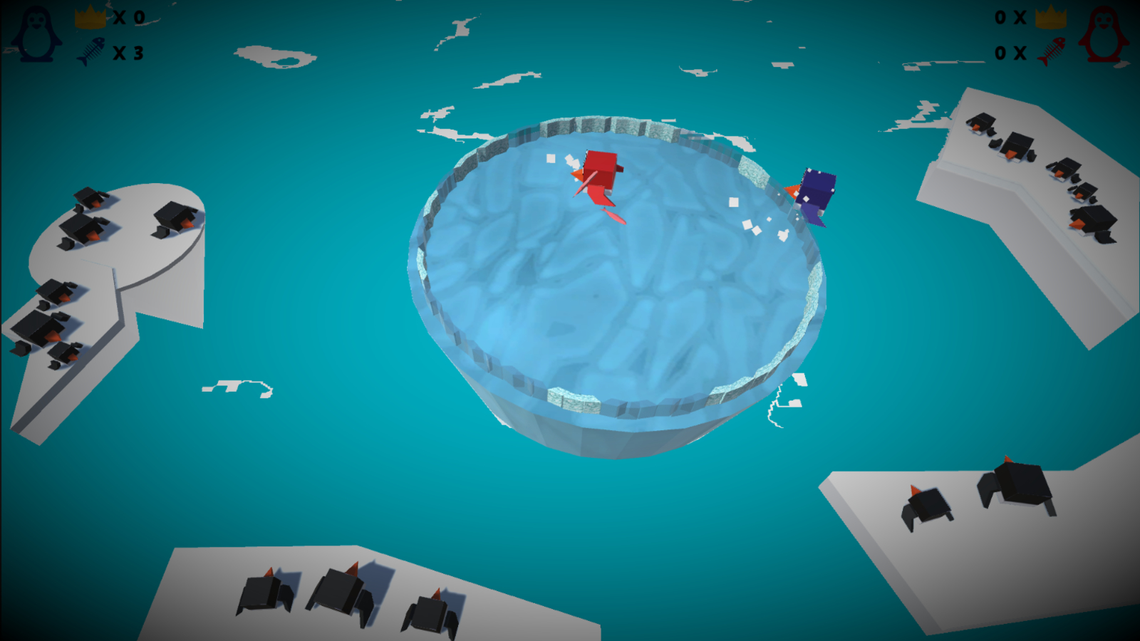 Players attempting to knock each other off the slippery iceberg
